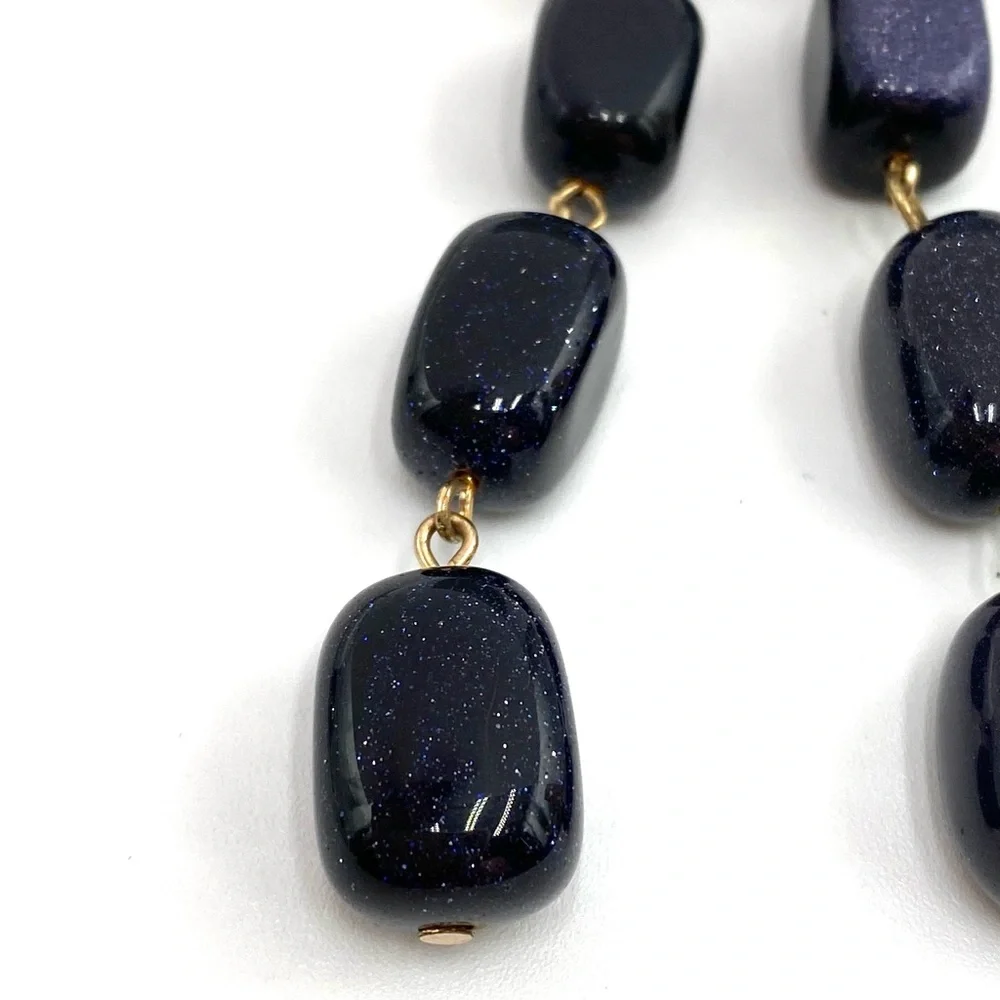 Earrings Artisan Stone ? Beaded Dark Navy Gold Specks Heavy 4”
